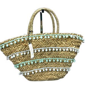 Fallon & Royce Aqua White Pom Pom Beach Vacation Shopping Handbag Straw Basket